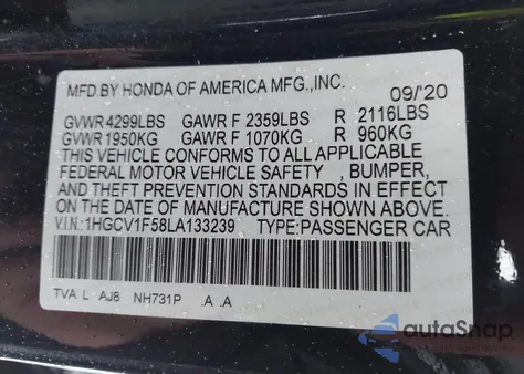 2020 Honda Accord Ex-L z USA, uszkodzony, nr VIN 1HGCV1F58LA133239
